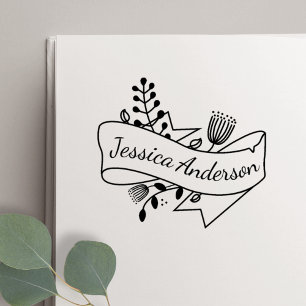 Rustic Floral Ribbon Badge Personalized Name Self-inking Stamp