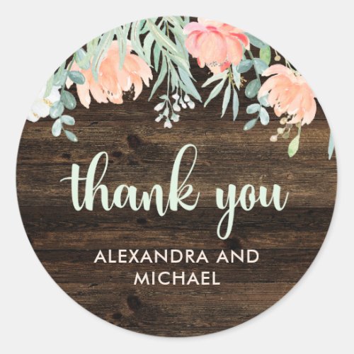 Rustic Floral Romance Wedding  Thank You Classic Round Sticker