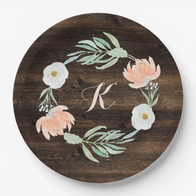Rustic Floral Romance Wreath | Wedding Paper Plates (Front)