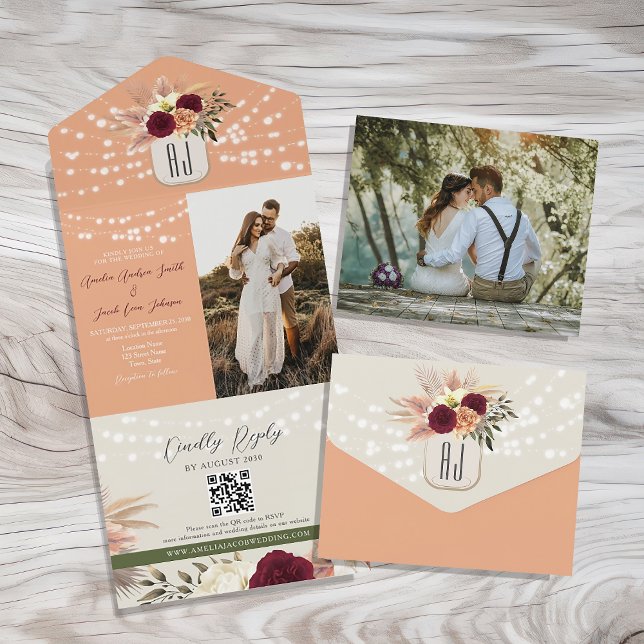 Rustic Floral Romantic Photo QR Code Wedding All In One Invitation (Creator Uploaded)