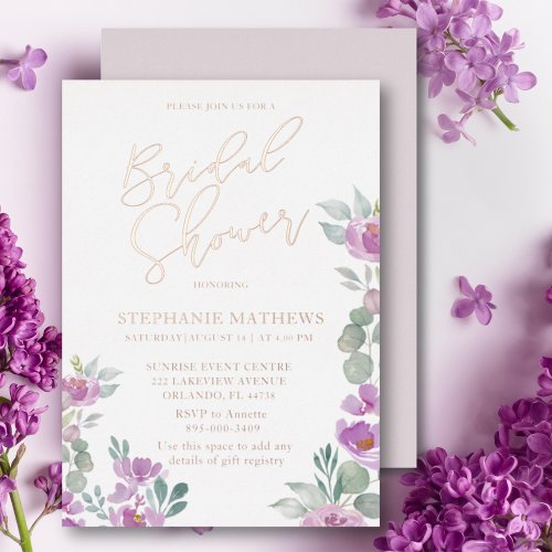 Rustic Floral Rose Gold Bridal Shower Foil Invitation