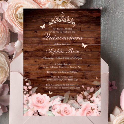 Rustic Floral Rose Gold Butterfly Quinceanera Foil Invitation