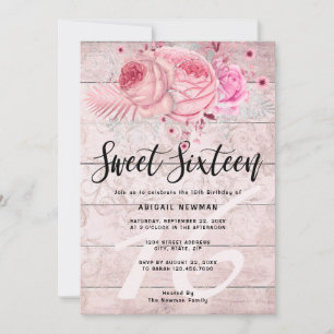 Rustic floral rose gold glitter sweet sixteen invitation