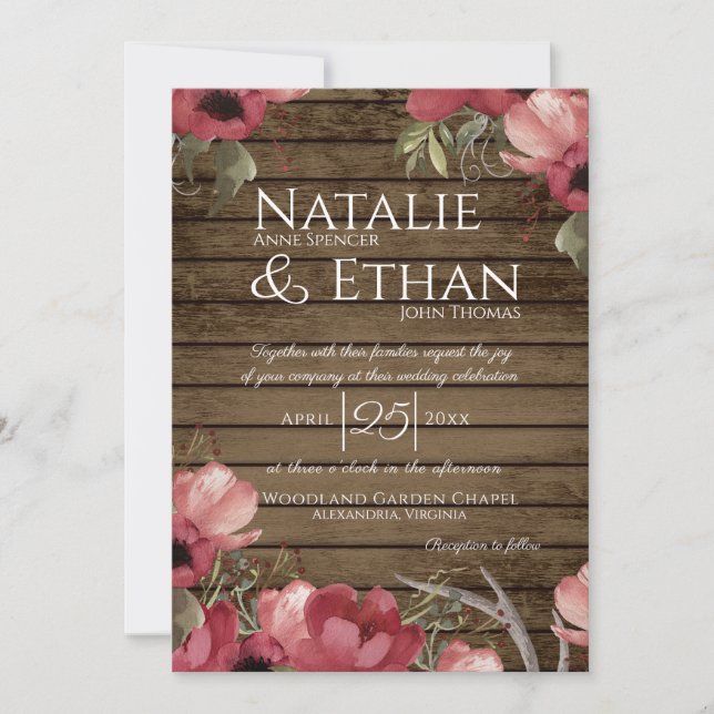 Rustic Floral Rose Wood Barn Wedding Invitation (Front)
