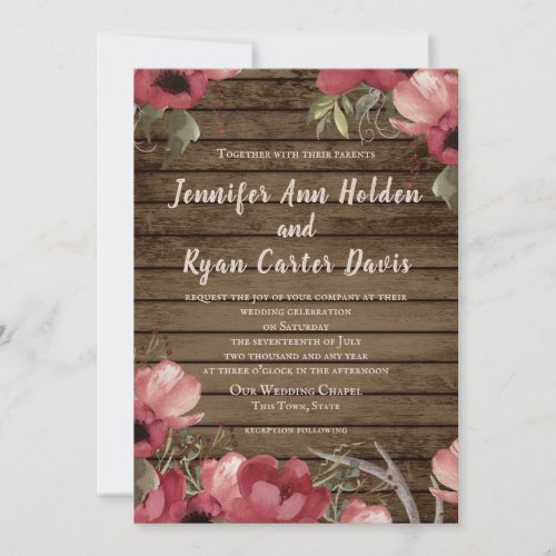 Rustic Floral Rose Wood Barn Wedding Invitation