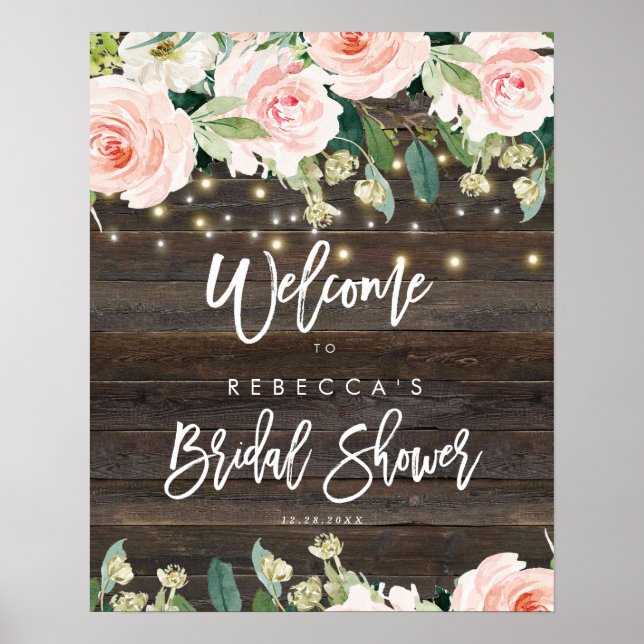 rustic floral roses bridal shower welcome sign (Front)