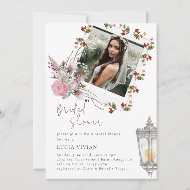 Rustic Floral Roses & Lantern Photo Bridal Shower Invitation (Front)