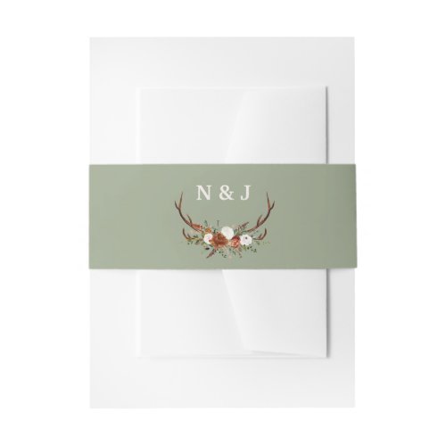 Rustic floral sage green antlers initials wedding invitation belly band