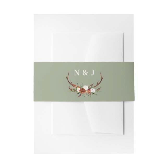 Rustic floral sage green antlers initials wedding invitation belly band (Front Example)