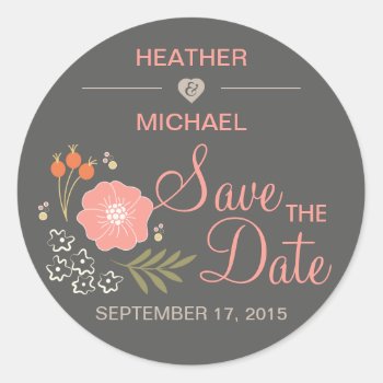 Rustic Floral Save The Date Classic Round Sticker by decor_de_vous at Zazzle