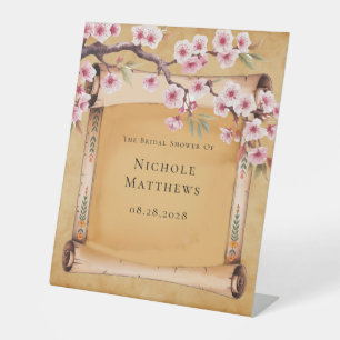 Rustic Floral Scroll Cherry Blossom Bridal Shower Pedestal Sign
