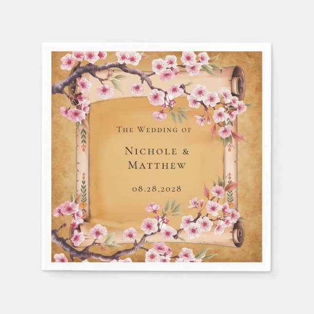 Rustic Floral Scroll Cherry Blossom Wedding Napkins (Front)