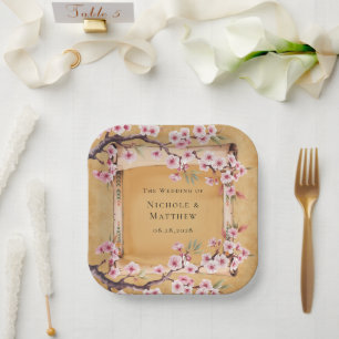 Rustic Floral Scroll Cherry Blossom Wedding Paper Plates