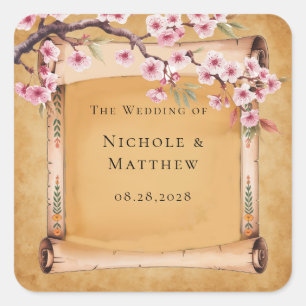 Rustic Floral Scroll Cherry Blossom Wedding Square Sticker