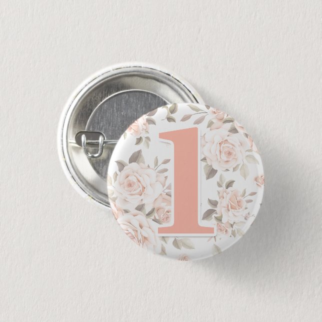 Rustic Floral Shabby Chic Roses 1st Birthday Party Button (Front & Back)