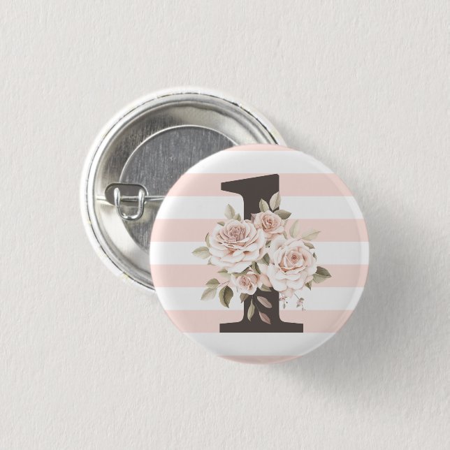 Rustic Floral Shabby Chic Roses 1st Birthday Party Button (Front & Back)
