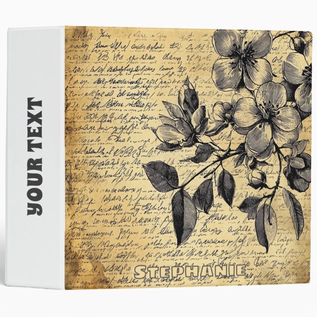 Rustic Floral Sketch with Calligraphy - Aged (1) 3 Ring Binder (Front/Spine)