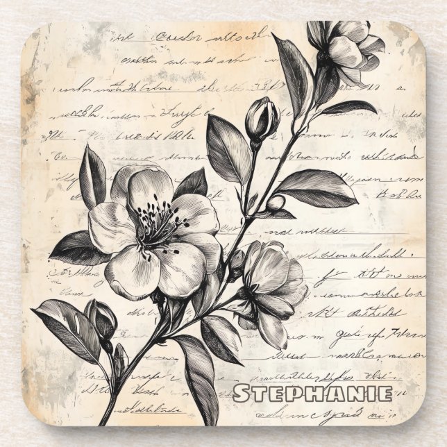 Rustic Floral Sketch with Calligraphy - Aged (2) Beverage Coaster (Front)