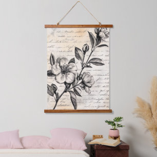 Rustic Floral Sketch with Calligraphy - Aged (2) Hanging Tapestry
