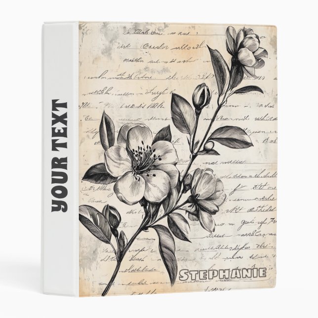 Rustic Floral Sketch with Calligraphy - Aged (2) Mini Binder (Front/Spine)