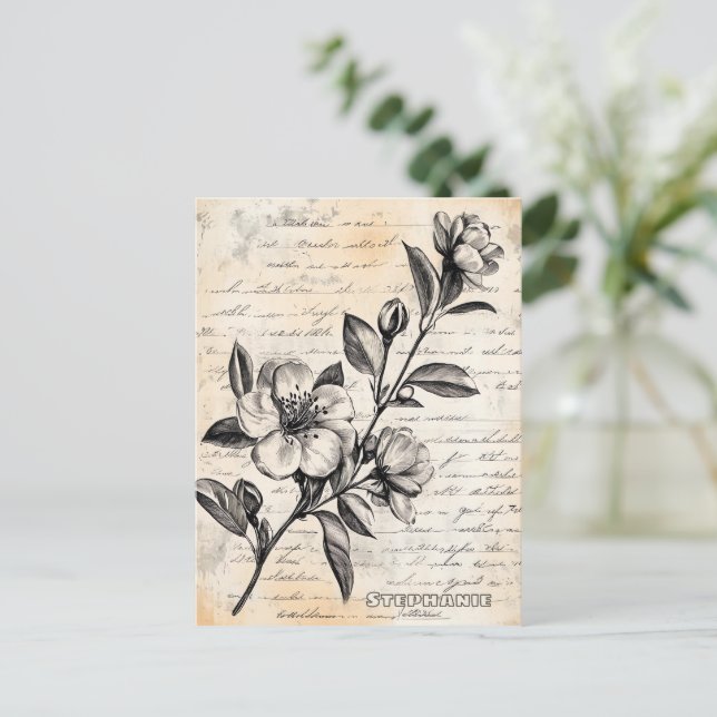 Rustic Floral Sketch with Calligraphy - Aged (2) Postcard (Standing Front)