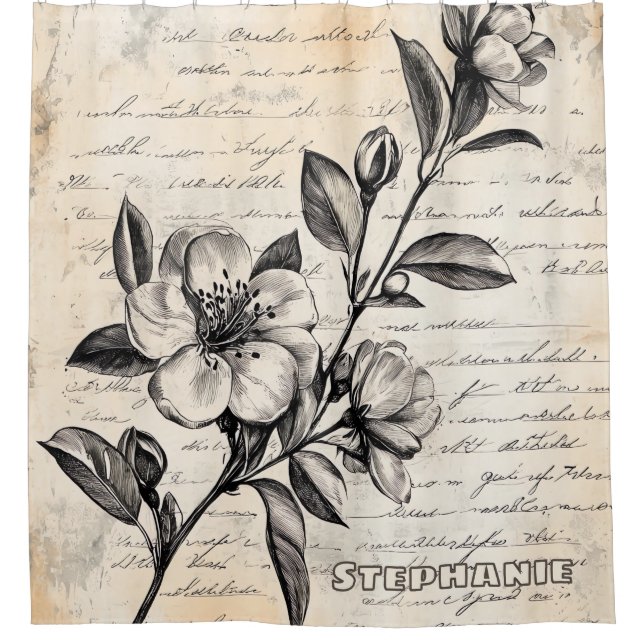 Rustic Floral Sketch with Calligraphy - Aged (2) Shower Curtain (Front)