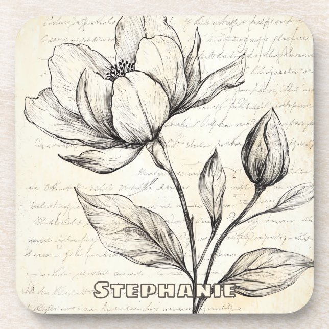 Rustic Floral Sketch with Calligraphy - Aged (4) Beverage Coaster (Front)