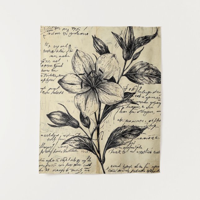 Rustic Floral Sketch with Calligraphy - Aged (5) Tapestry (Front)