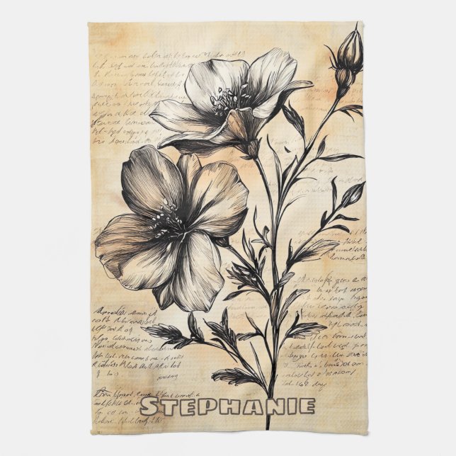 Rustic Floral Sketch with Calligraphy - Aged (6) Kitchen Towel (Vertical)