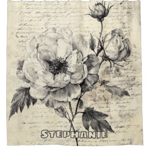 Rustic Floral Sketch with Calligraphy - Aged (7) Shower Curtain