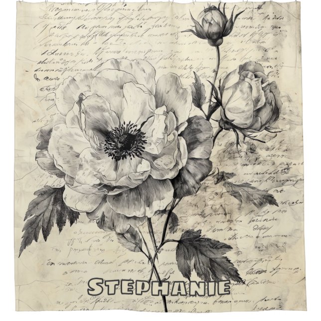 Rustic Floral Sketch with Calligraphy - Aged (7) Shower Curtain (Front)