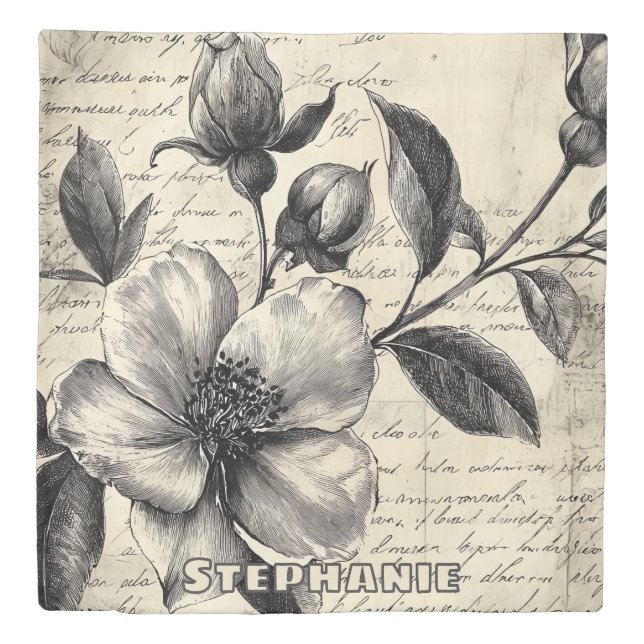 Rustic Floral Sketch with Calligraphy - Aged (8) Duvet Cover (Front)
