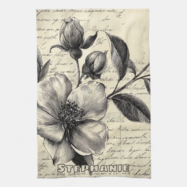 Rustic Floral Sketch with Calligraphy - Aged (8) Kitchen Towel (Vertical)