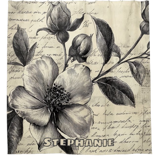 Rustic Floral Sketch with Calligraphy - Aged (8) Shower Curtain (Front)