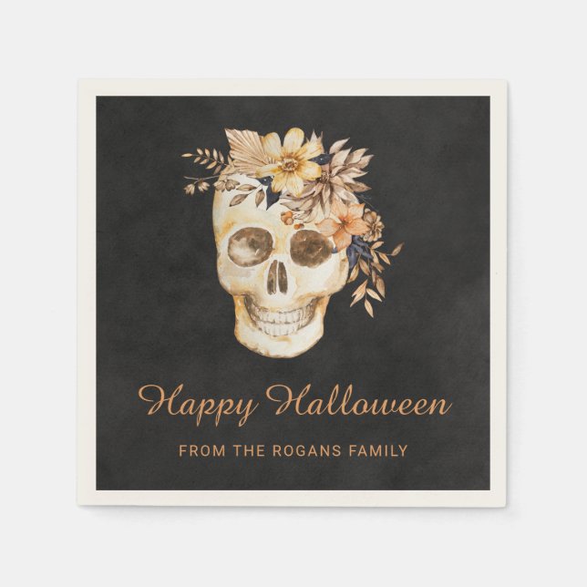 Rustic Floral Skull Halloween Napkins (Front)