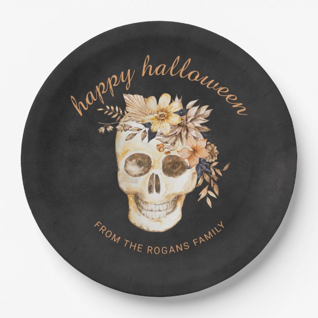Rustic Floral Skull Halloween Paper Plates (Front)