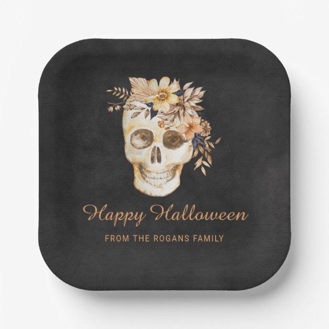 Rustic Floral Skull Halloween Paper Plates (Front)