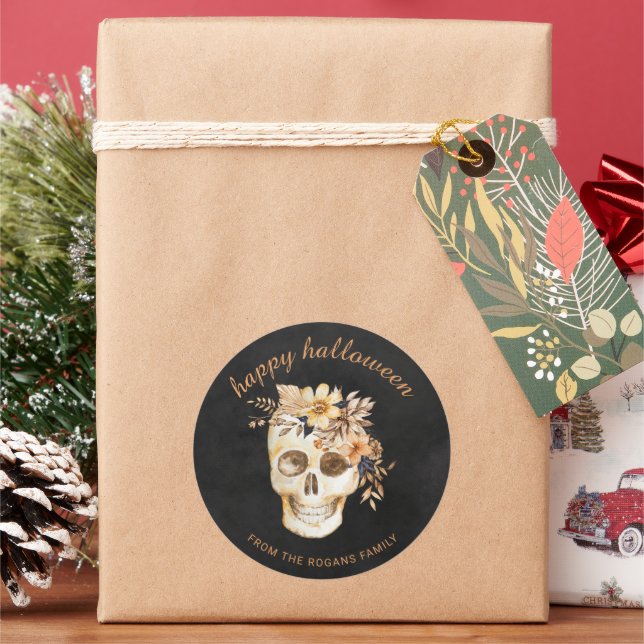 Rustic Floral Skull Halloween Square Sticker (Holiday)