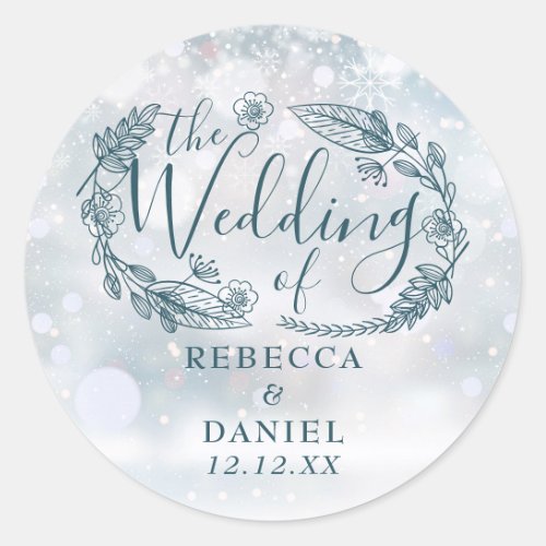 Rustic Floral Snowflakes Winter Wedding Classic Round Sticker