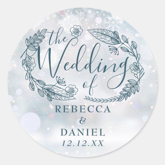 Rustic Floral Snowflakes Winter Wedding Classic Round Sticker (Front)