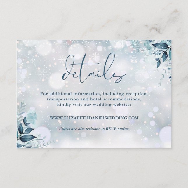 Rustic Floral Snowflakes Winter Wedding Details Enclosure Card (Front)