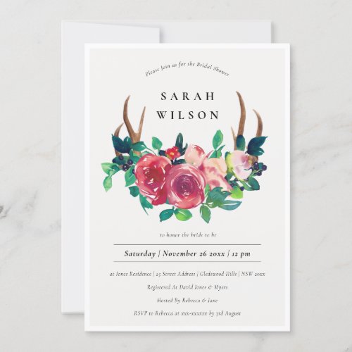 Rustic Floral Stag Antlers Bridal Shower Invite