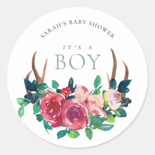 Rustic Floral Stag Antlers Its a Boy Baby Shower Classic Round Sticker