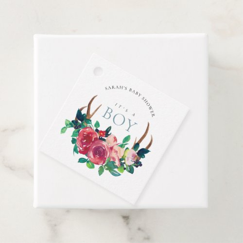 Rustic Floral Stag Antlers Its a Boy Baby Shower Favor Tags