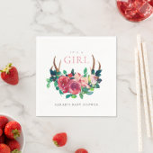 Rustic Floral Stag Antlers It's a Girl Baby Shower Napkins (Insitu)