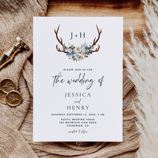 Rustic Floral Stag Antlers Wedding  Invitation (Creator Uploaded)
