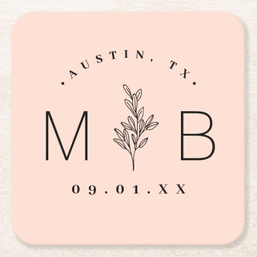 Rustic Floral Stem Wedding Monogram  Blush Square Paper Coaster