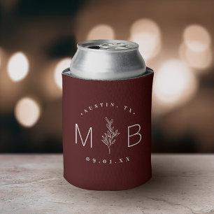Rustic Floral Stem Wedding Monogram   Burgundy Can Cooler