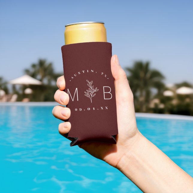 Rustic Floral Stem Wedding Monogram | Burgundy Seltzer Can Cooler (In Situ Pool)