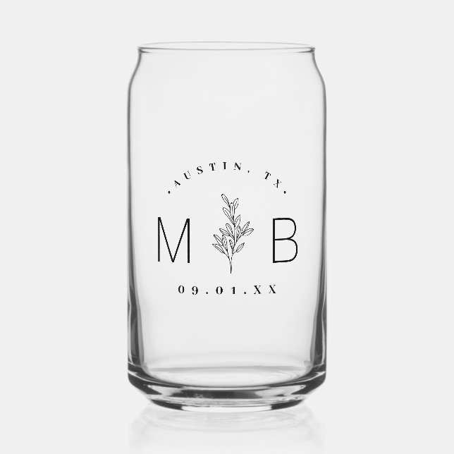 Rustic Floral Stem Wedding Monogram Can Glass (Front)